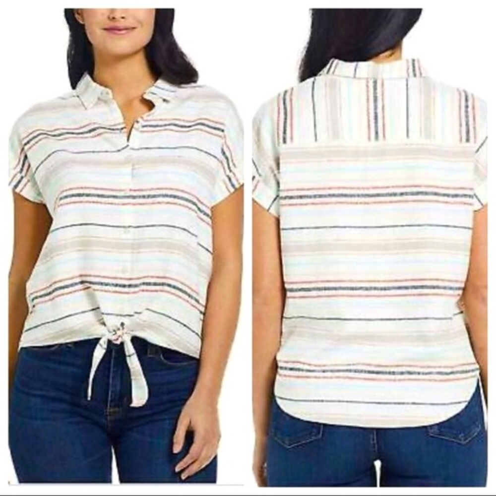 Weatherproof Front Knot Linen Button Up Top Small